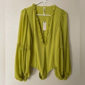 Anthropologie Lime Green Ruffled Bodysuit